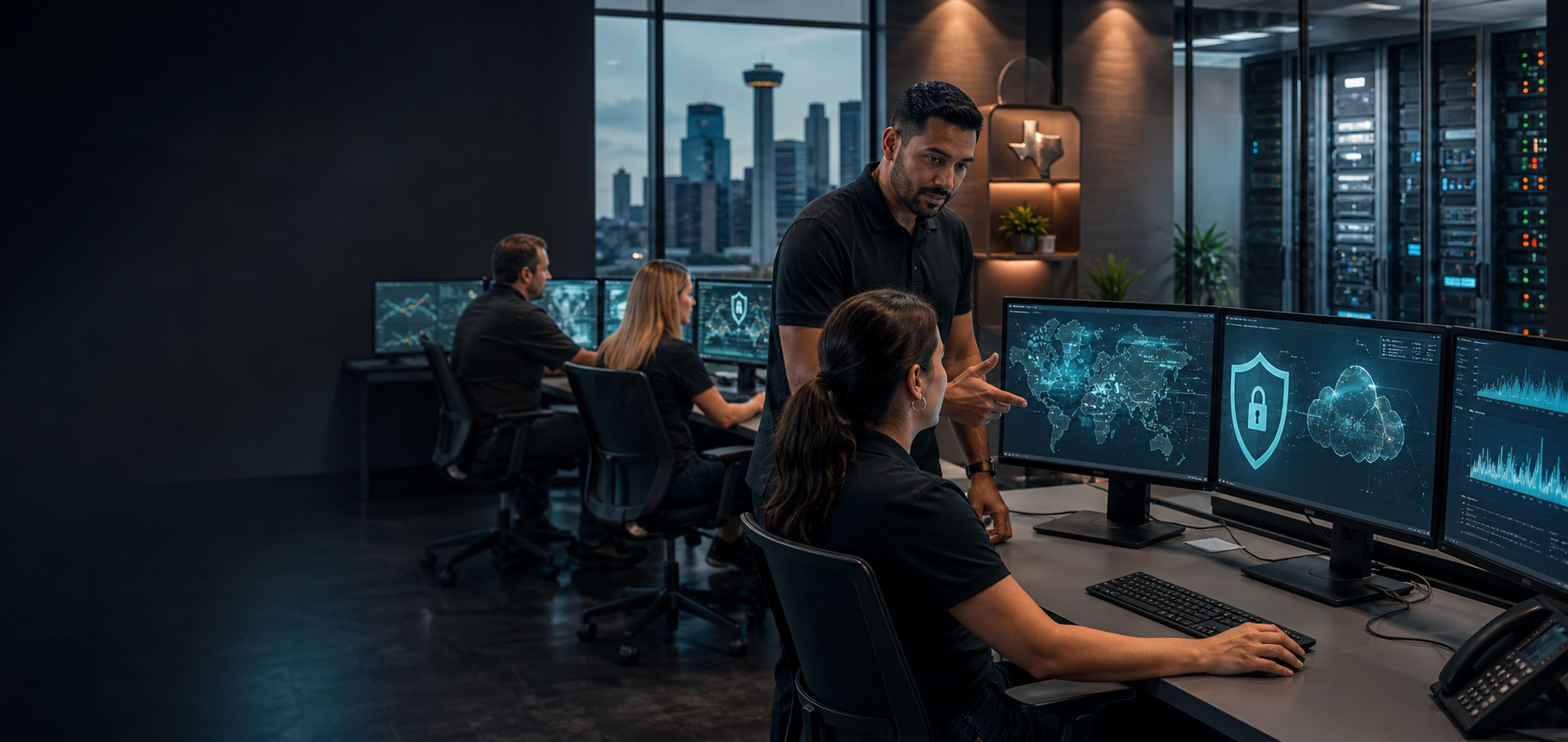 IT operations team monitoring security and infrastructure dashboards